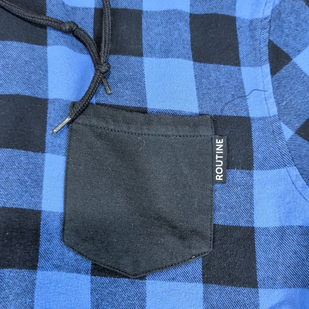 Routine Baseball Grunge Buffalo Plaid Hooded Flannel Shirt Mens Medium Blue